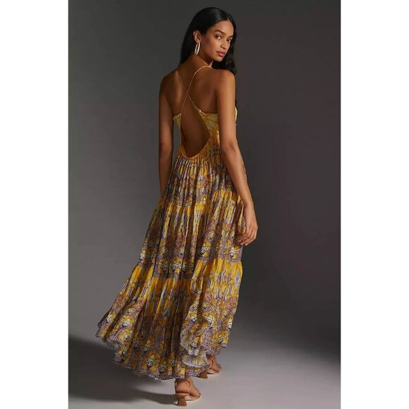 Bhanuni by Jyoti Anthropologie Printed Jacquard Maxi Dress Open Back Size 10 - Picture 2 of 7